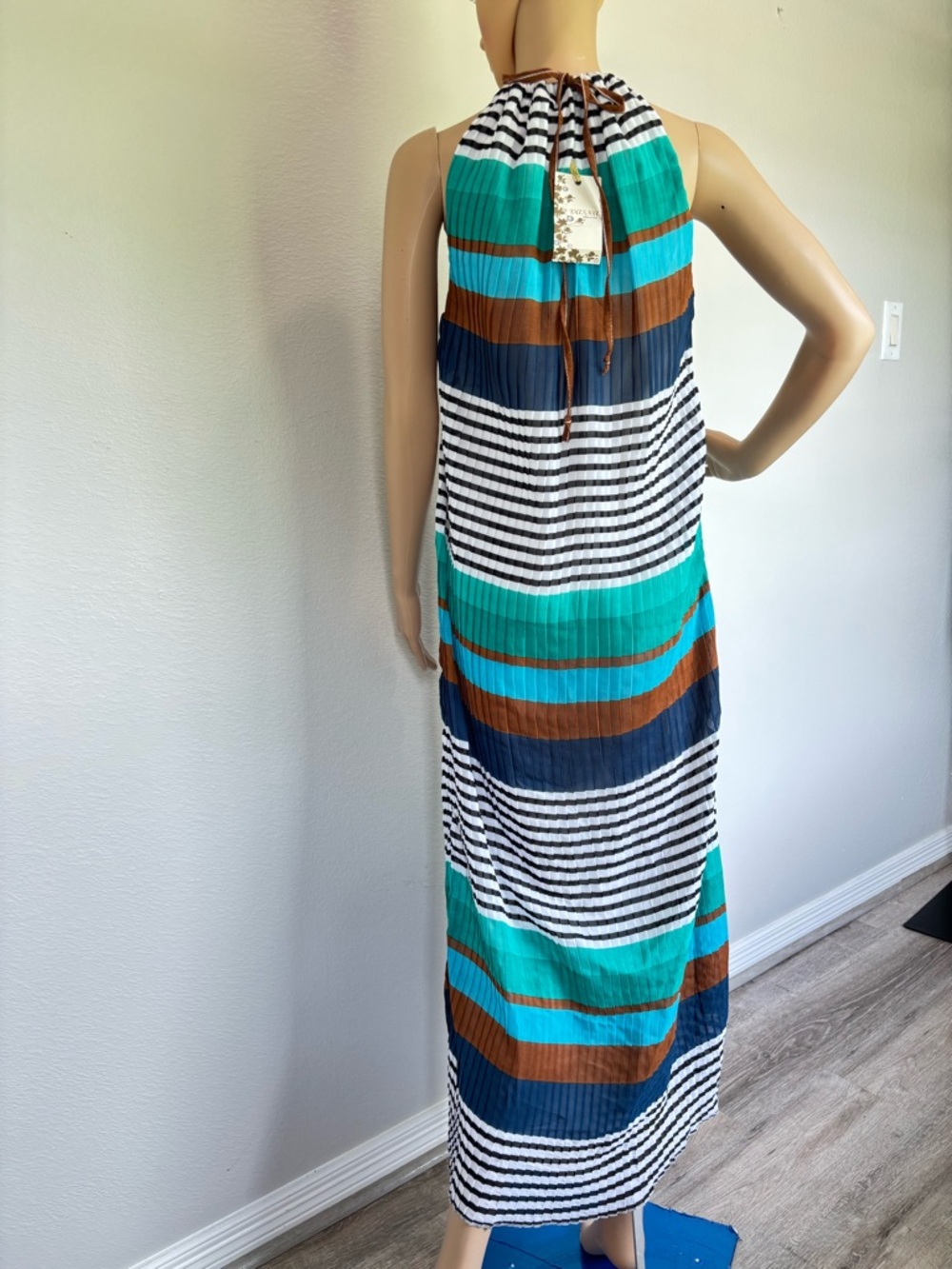 Vasna Desire Striped Halter Maxi Dress in Teal, Navy & Brown NWT - Picture 2 of 15